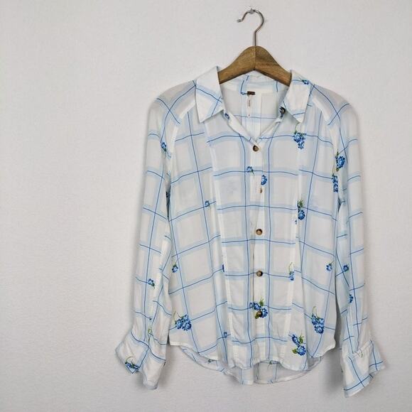 Free People Window To My Heart Button Down Floral White & Blue Top Size S - Picture 3 of 10
